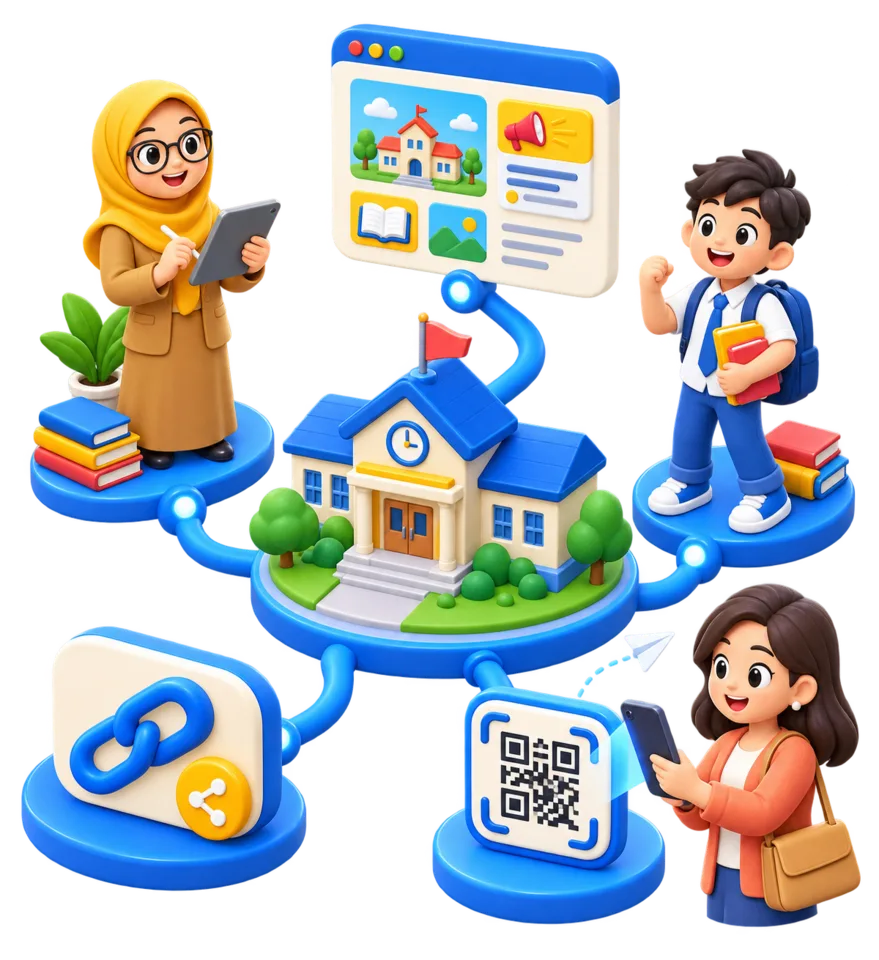Illustration of a school connecting teachers, students, parents, microsites, shortened links, and QR Codes