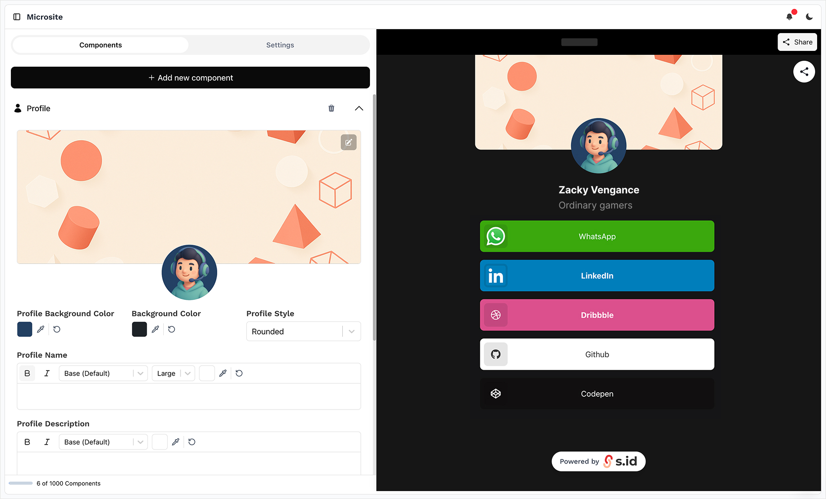 s.id microsite editor with component controls and a live page preview