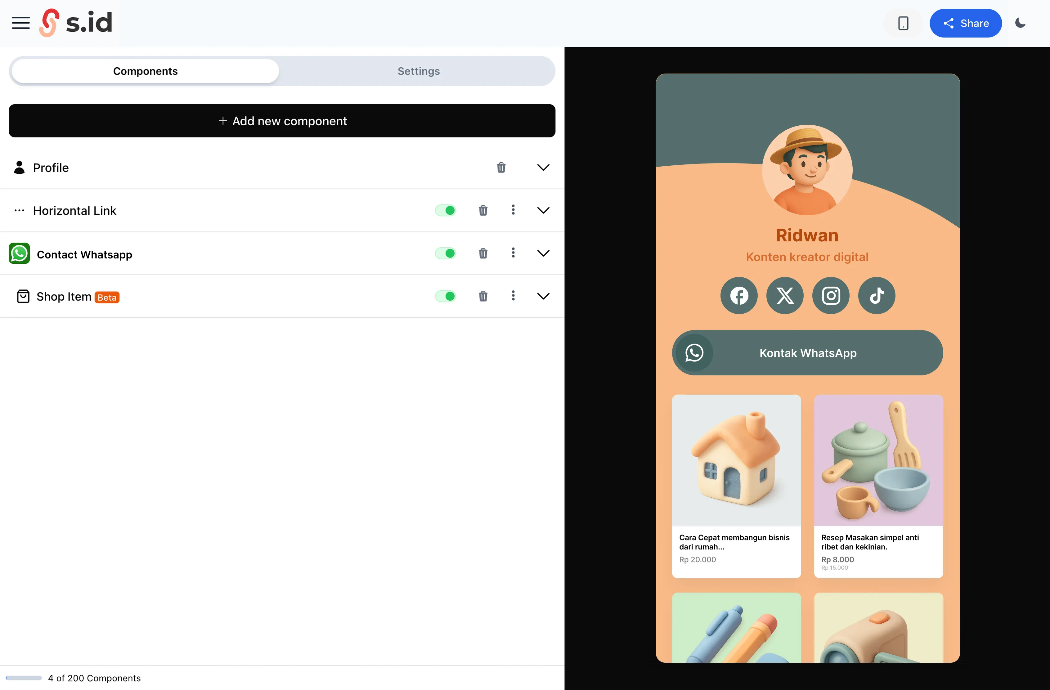 s.id microsite editor showing a Shop product component