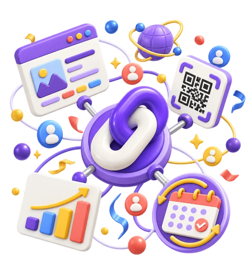 Illustration of the 2025 s.id ecosystem connecting links, microsites, QR Codes, and analytics